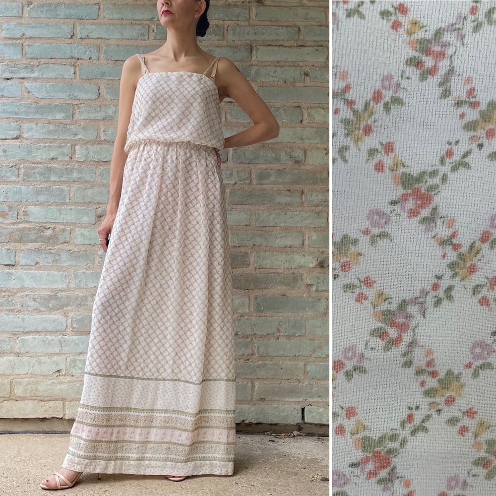 Vintage Maxi Dress 70s Ivory Cream Sheer Floral Chiffon Semi Formal Hippie Disco